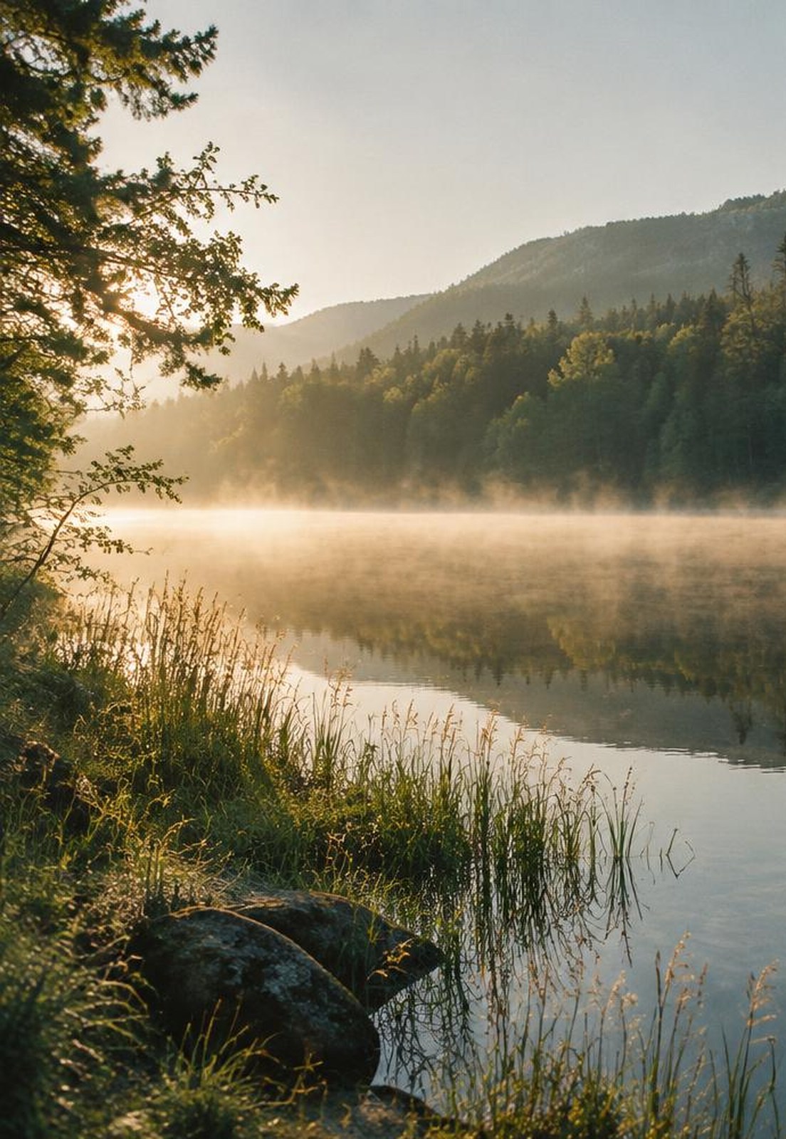 Lago tranquilo ao amanhecer, com reflexos da floresta